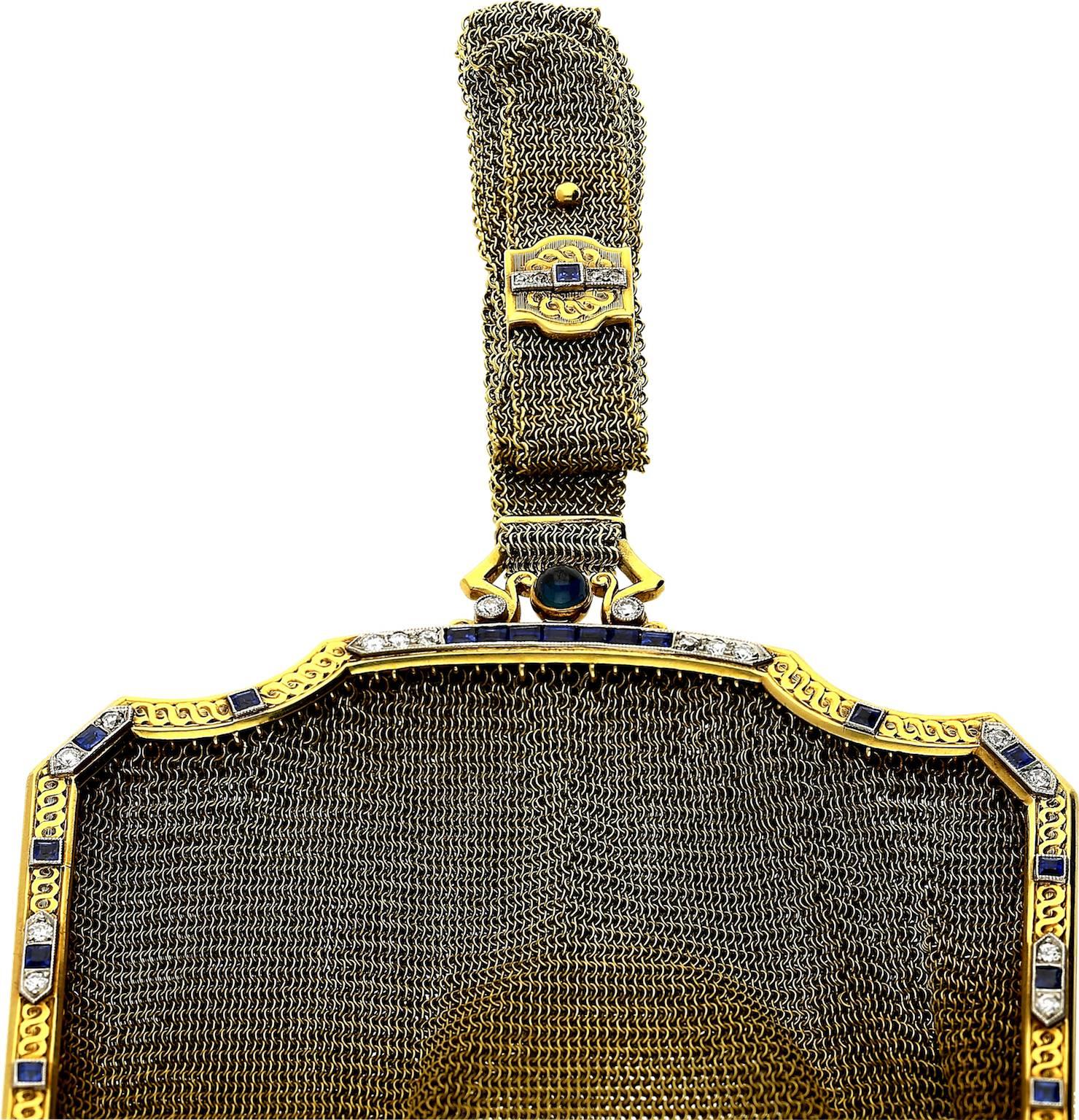 Women's Art Deco Diamond Sapphire Gold Platinum Woven Evening Bag