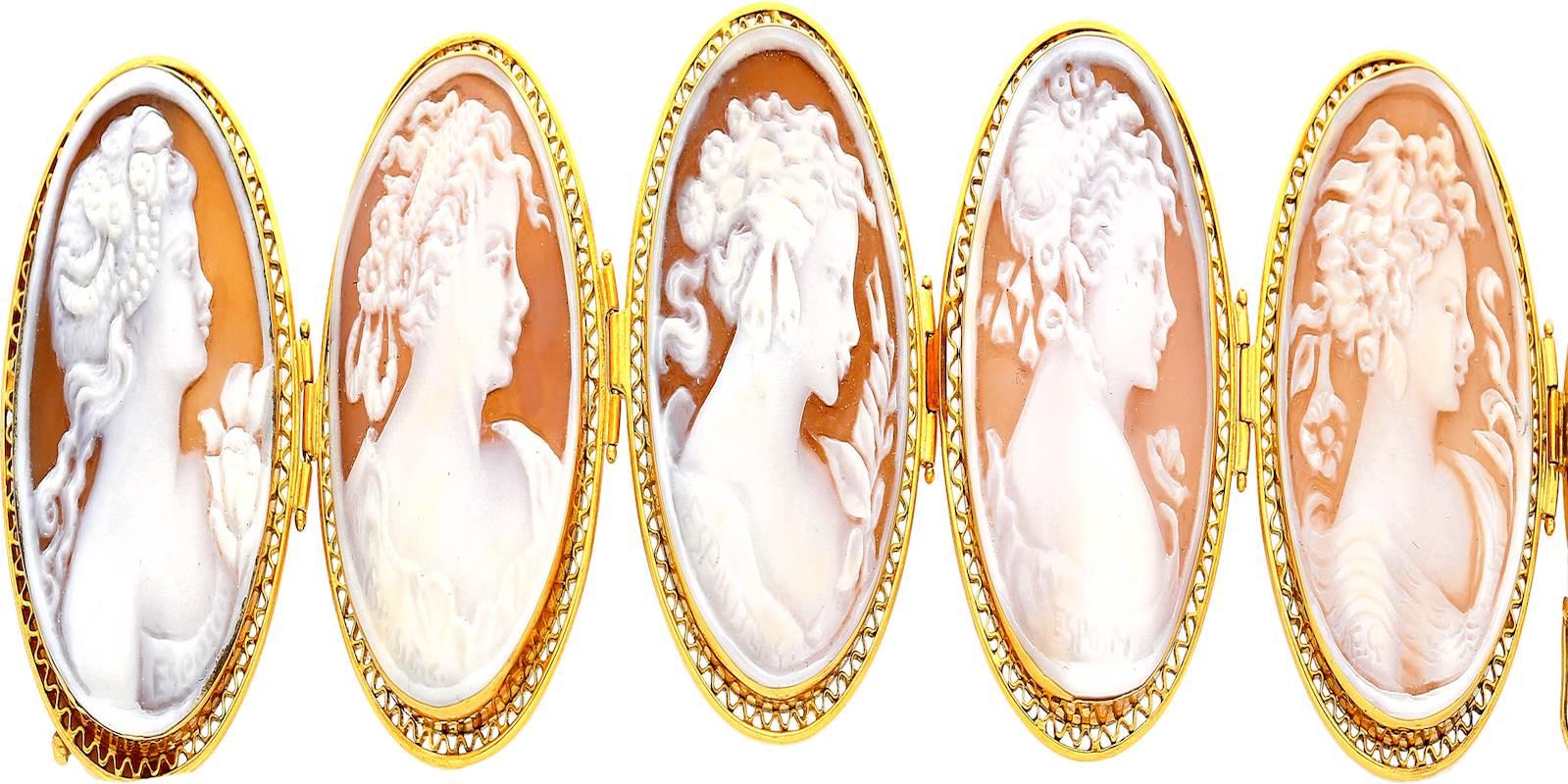 Carved from seashells, Cameo Shells have been a high jewelry staple for nearly 1,000 years. The tradition began in the fifteenth or sixteenth century and was popularized by Queen Victoria of England in 1837-1901.

This bracelet has aged incredibly