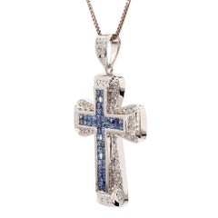 1.2 Carat Sapphire and Diamond Pave Cluster Cross Pendant White Gold Necklace