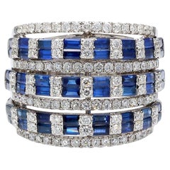 3 Carat Sapphire and Diamond 18K White Gold 3 Row Wide Band Ring