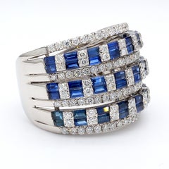 3 Carat Sapphire and Diamond 18K White Gold 3 Row Wide Band Ring