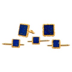 Ensemble vintage de boutons de manchette et de boutons de chemise en or 18 carats texturés, ornés de lapis-lazuli