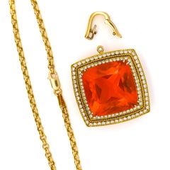 GIA Certified 20.61 Carat Orange Opal 18K Gold Diamond Pendant Necklace