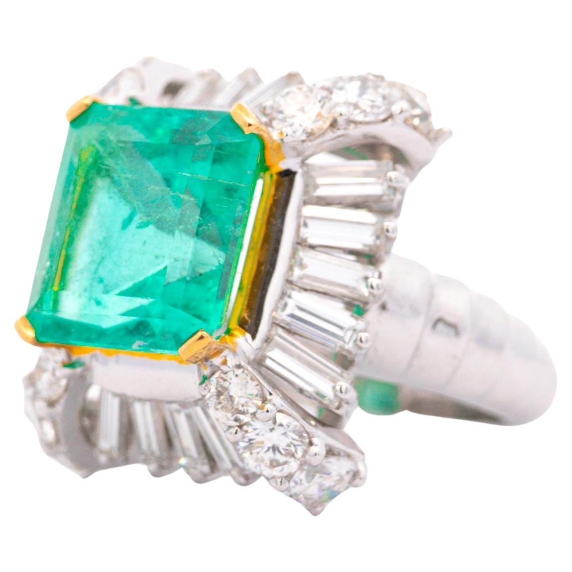 GRS Certified 6.78 Carat Colombian Emerald & Baguette Diamond Platinum Ring For Sale