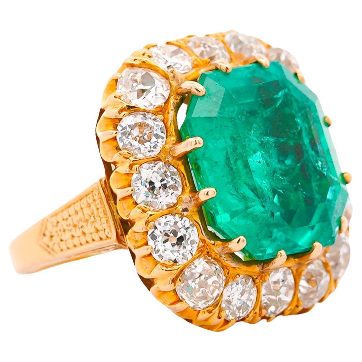 GRS Cert. 14.51 Carat Colombian Emerald and Old Euro Diamond Halo Filigree Ring For Sale