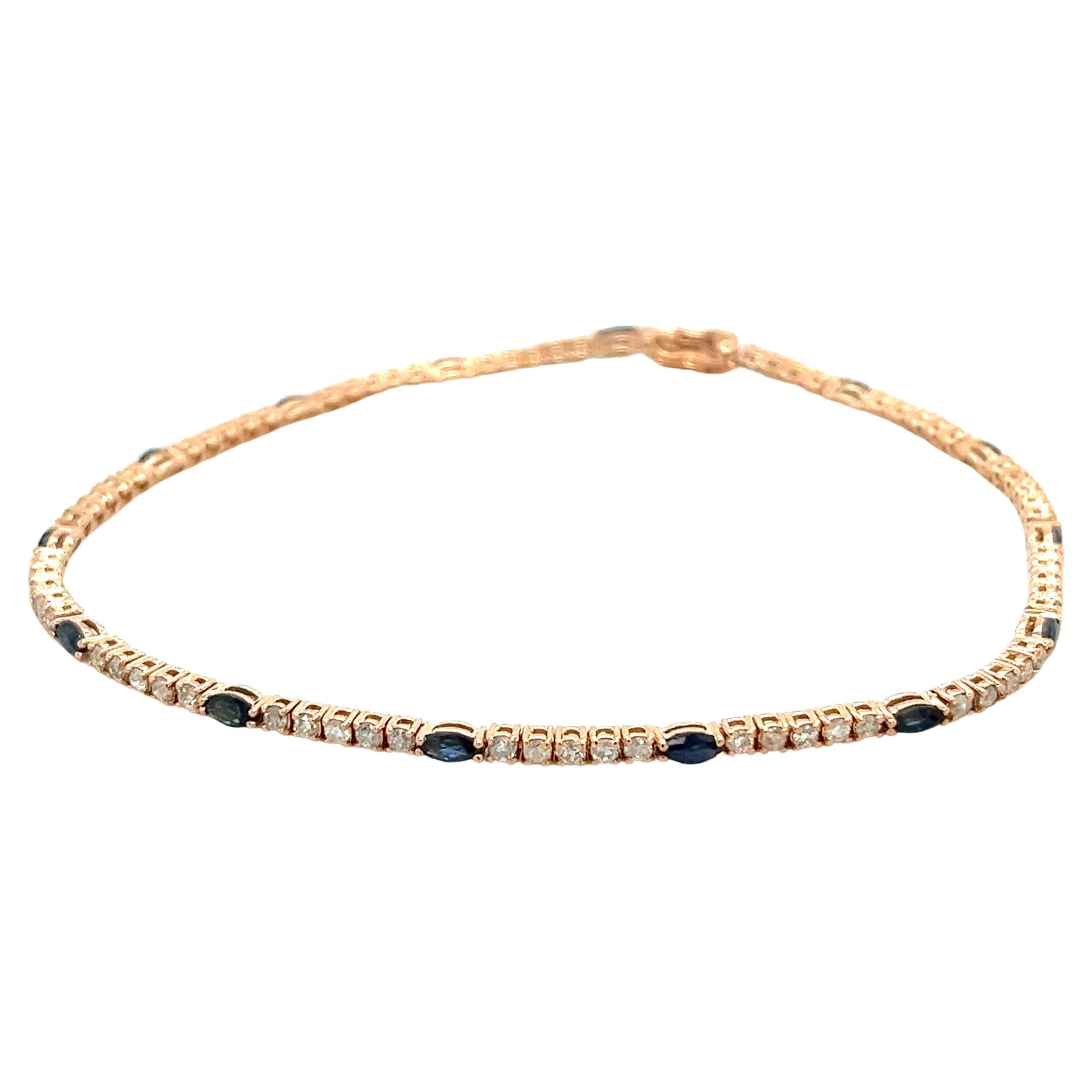 18k Rose Gold Round Cut Diamond and Marquise Cut Blue Sapphire Tennis Bracelet