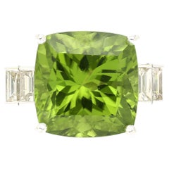 14.11ct Green Peridot and 0.91ctw Diamond Side-Stones in 18k White Gold Ring