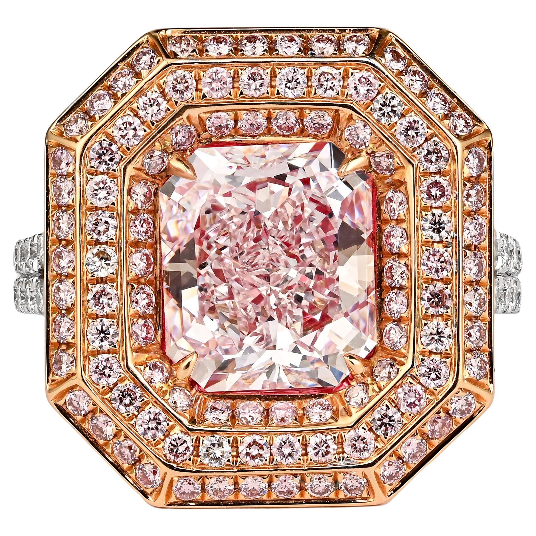 GIA Certified 3.48 Carat Radiant Cut Fancy Light Pink Diamond Ring in 18k