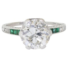 Verlobungsring aus Platin mit Diamanten im alteuropäischen Schliff und Smaragd im Art déco-Stil im Vintage-Stil