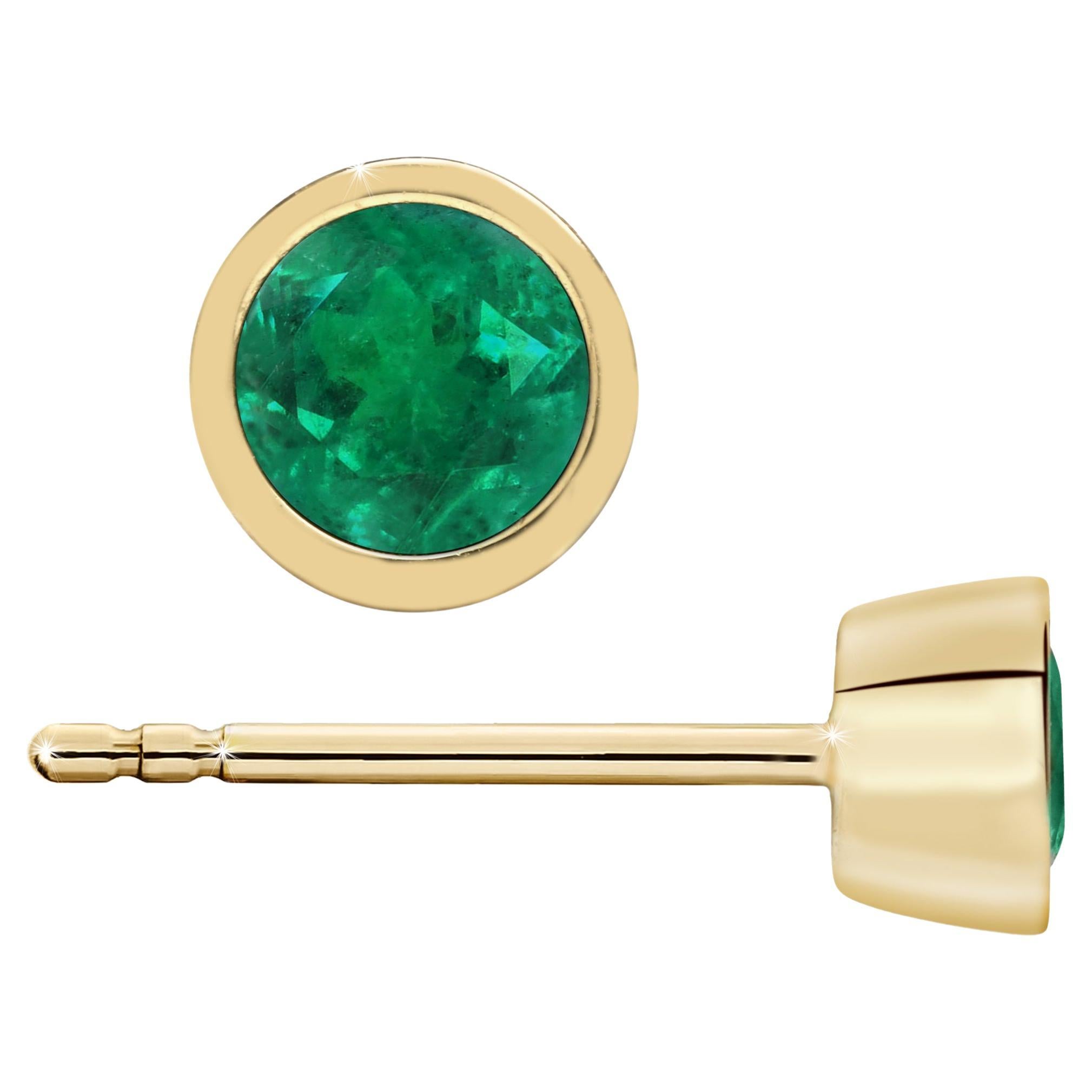 Natural 1/2 Carat Emerald Round Bezel Stud Earrings in 14K Yellow Gold