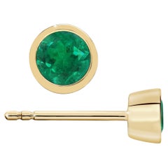 Natural 1/2 Carat Emerald Round Bezel Stud Earrings in 14K Yellow Gold