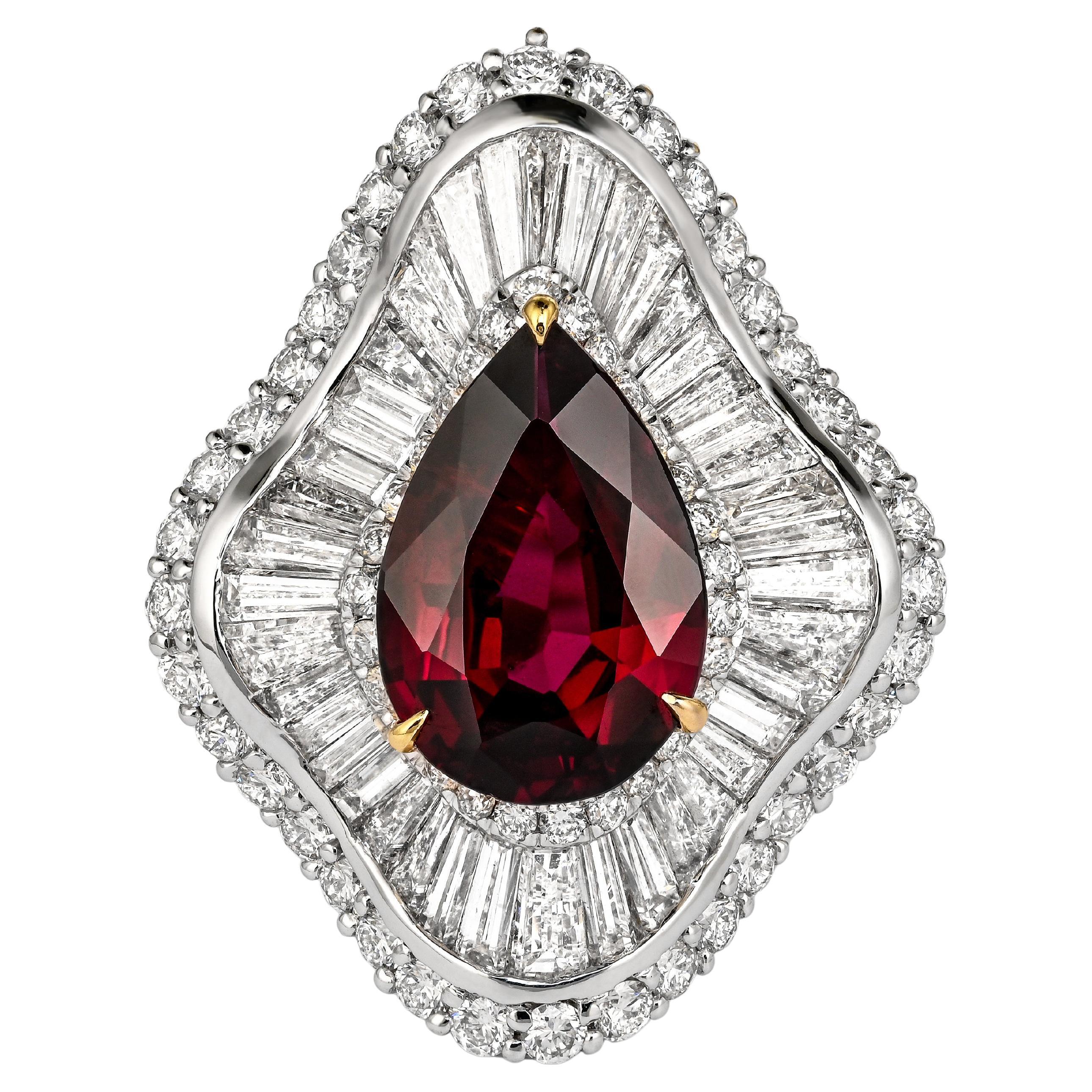 Ballerina Ring 5.3 Carat Pear Cut Siam Ruby & Baguette Diamond 18k White Gold