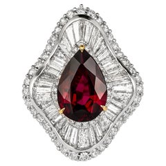 Ballerina Ring 5.3 Carat Pear Cut Siam Ruby & Baguette Diamond 18k White Gold