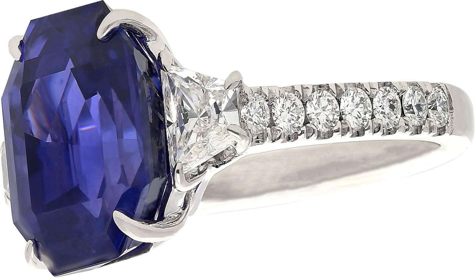 Modern 7.19 Carat Ceylon Emerald Cut Sapphire Diamond Gold Ring