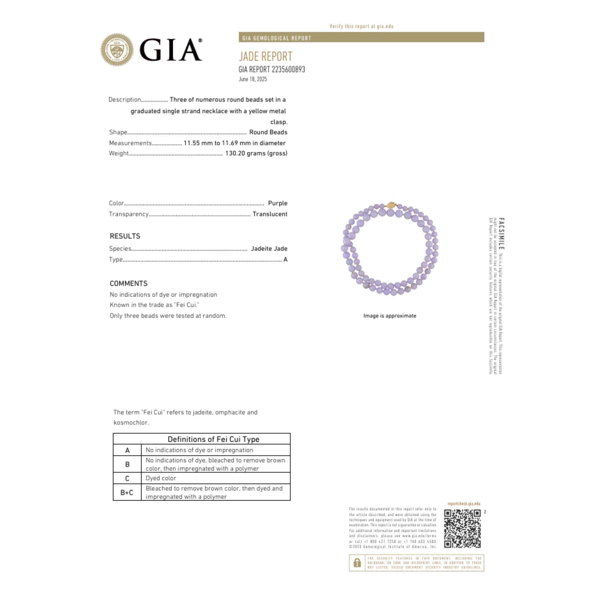GIA zertifiziert Gumps San Francisco Typ A Lavendel Jadeit Perlenkette (Moderne) im Angebot