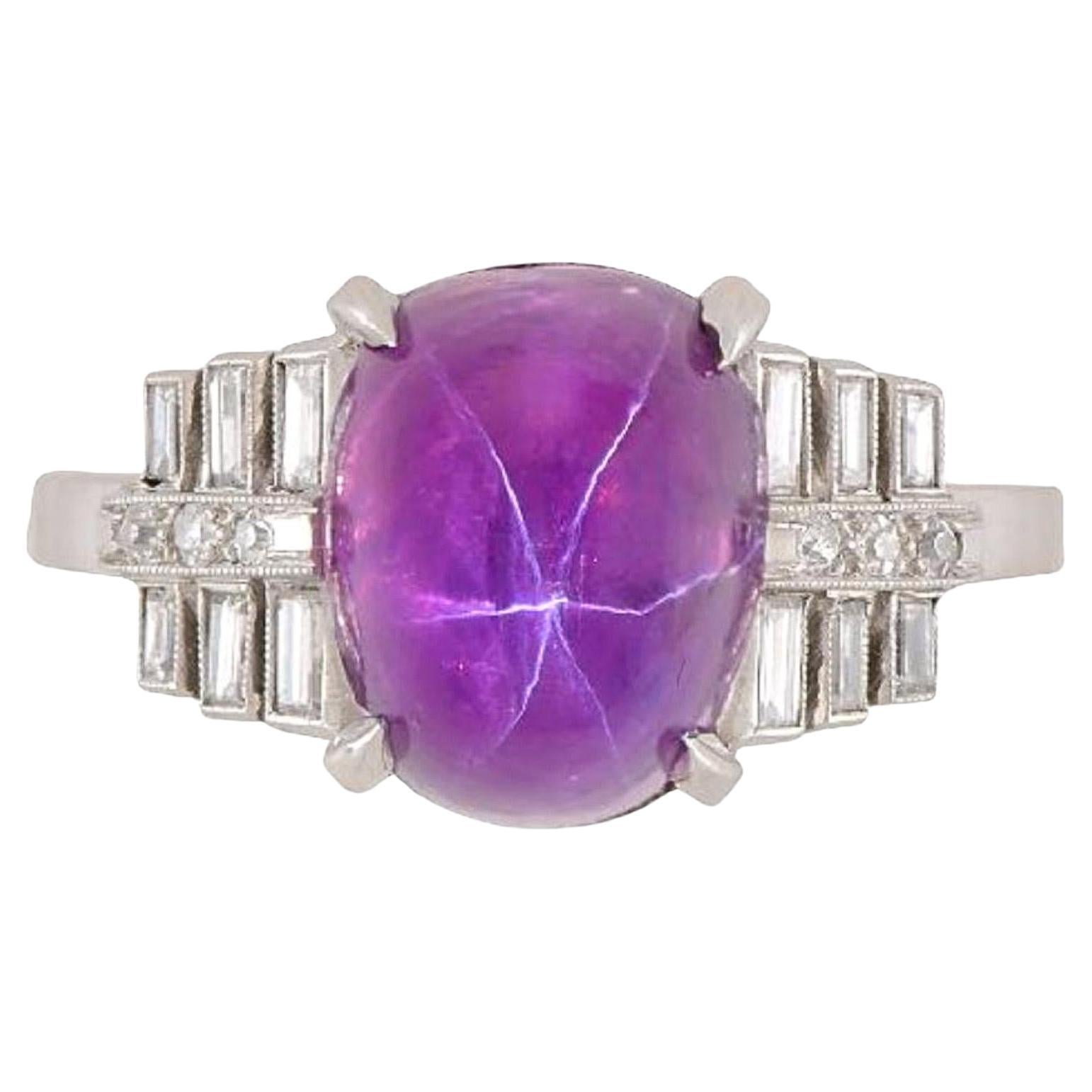 Vintage No Heat 7 Carat Purplish Pink Star Sapphire Platinum Art Deco Ring