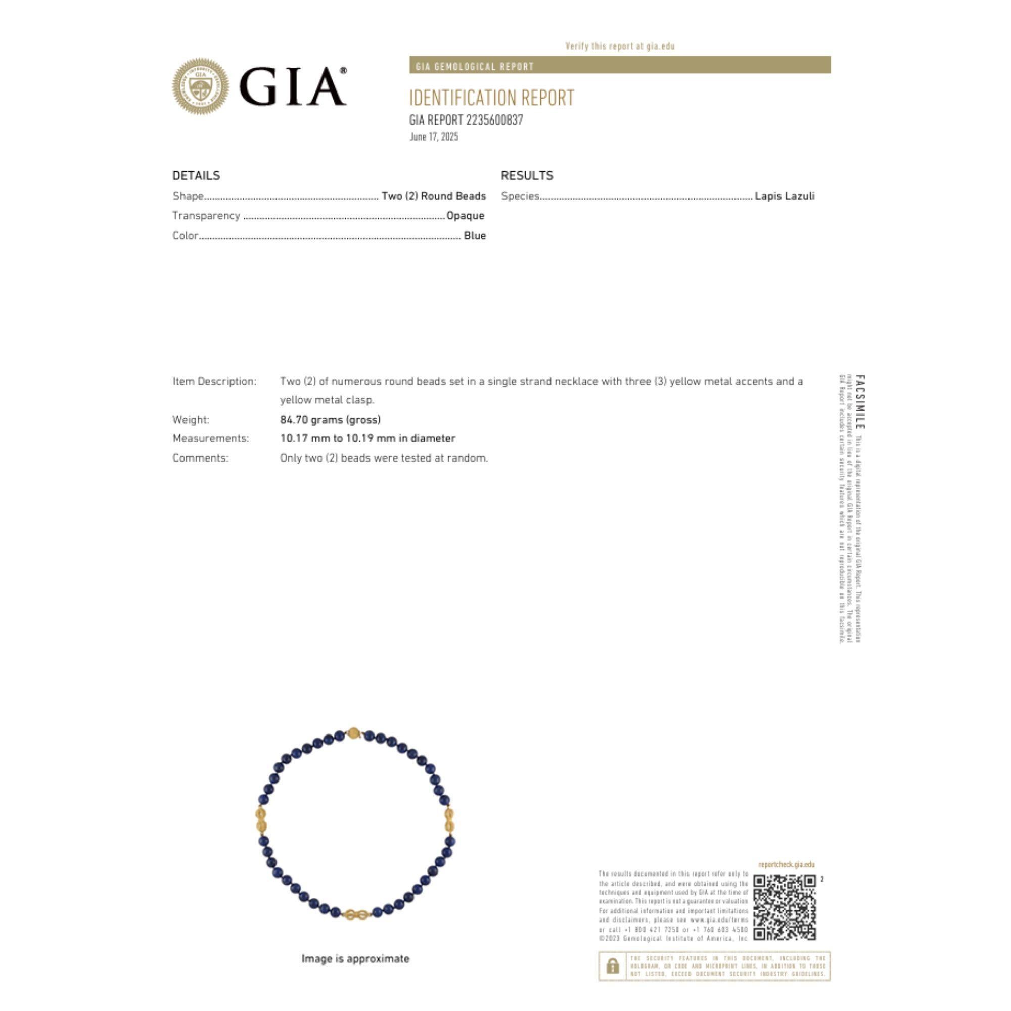 Collana di perle in oro 18 carati vintage con certificato GIA di Lapislazzuli In condizioni ottime in vendita a Miami, FL