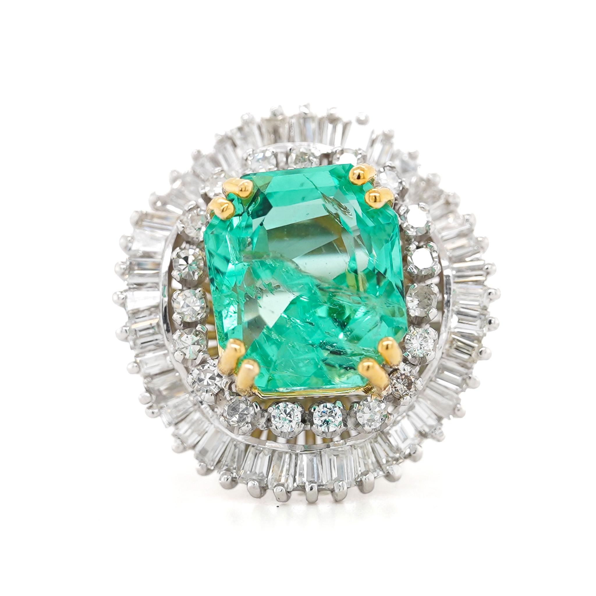 Anello Ballerina di 9,17 carati con smeraldo ottagonale Chivor e diamanti in palladio in vendita 4