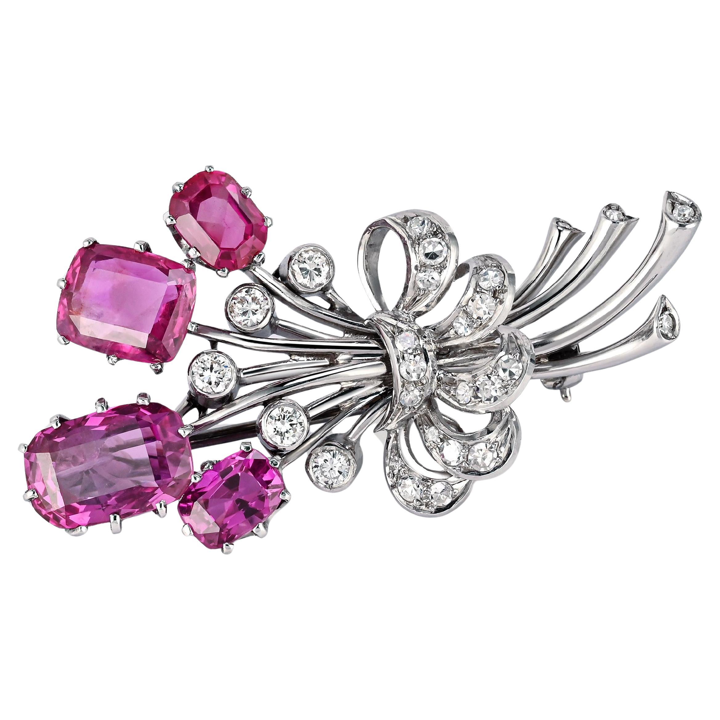Broche floral de platino con zafiro rosa de Ceilán certificado AGL sin calor y diamante