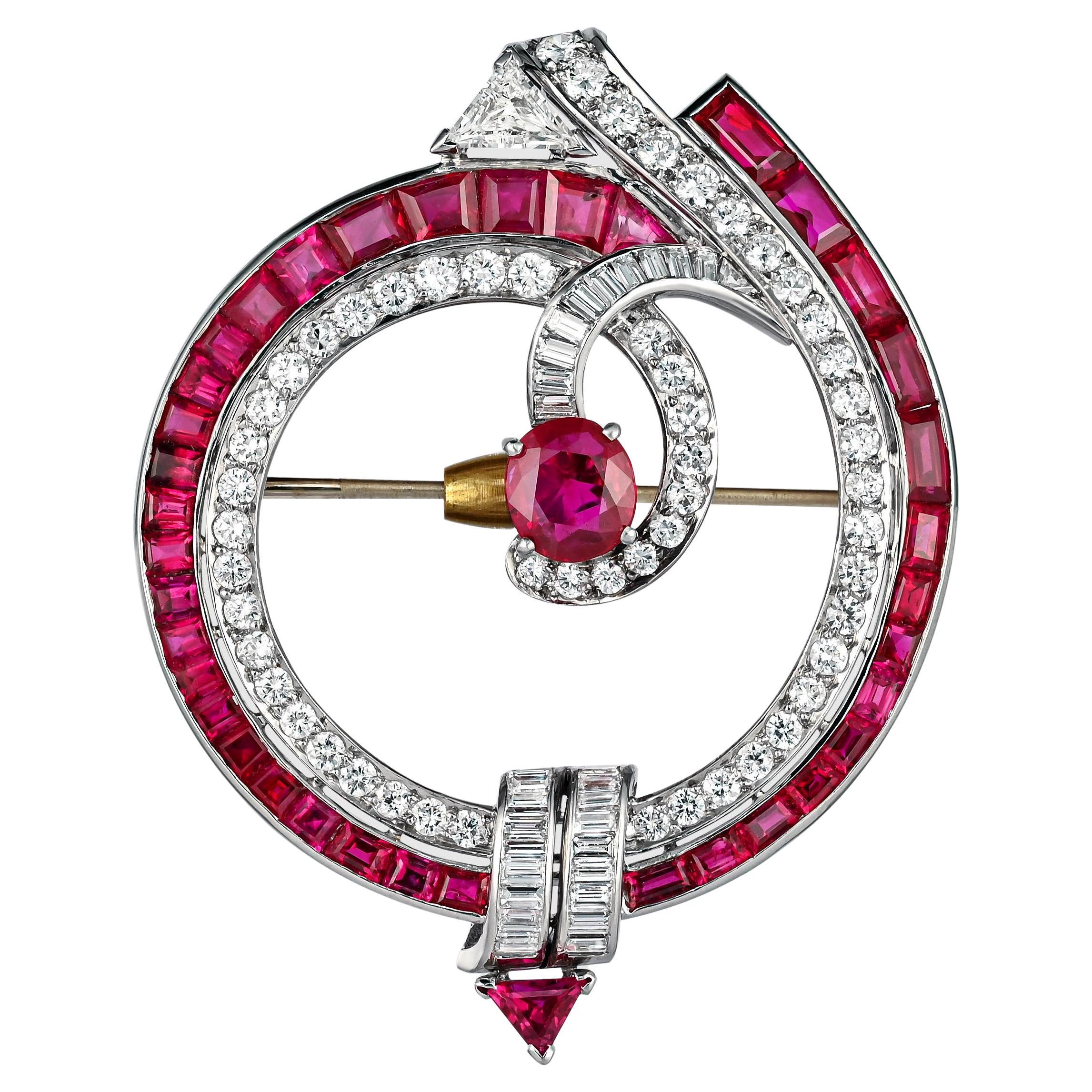 Art Deco No Heat Burma Rubin und Diamant Brosche