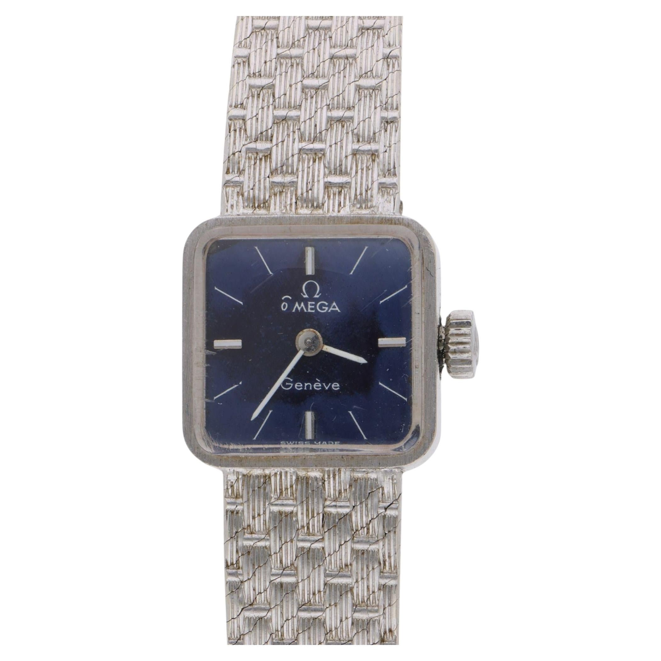 Vintage Omega Geneve Ladies 18K White Gold Blue Dial Square Mesh Bracelet Watch For Sale