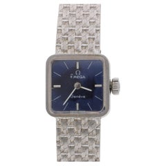 Vintage Omega Geneve Ladies 18K White Gold Blue Dial Square Mesh Bracelet Watch