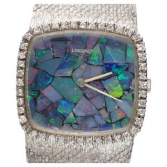 Vintage Longines Opal Mosaic Dial 34mm Diamond Bezel 18K White Gold Watch