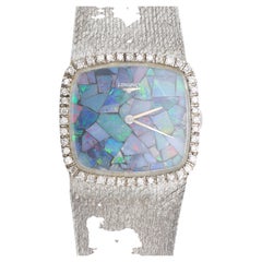 Vintage Longines Opal Mosaic Dial 34mm Diamond Bezel 18K White Gold Watch