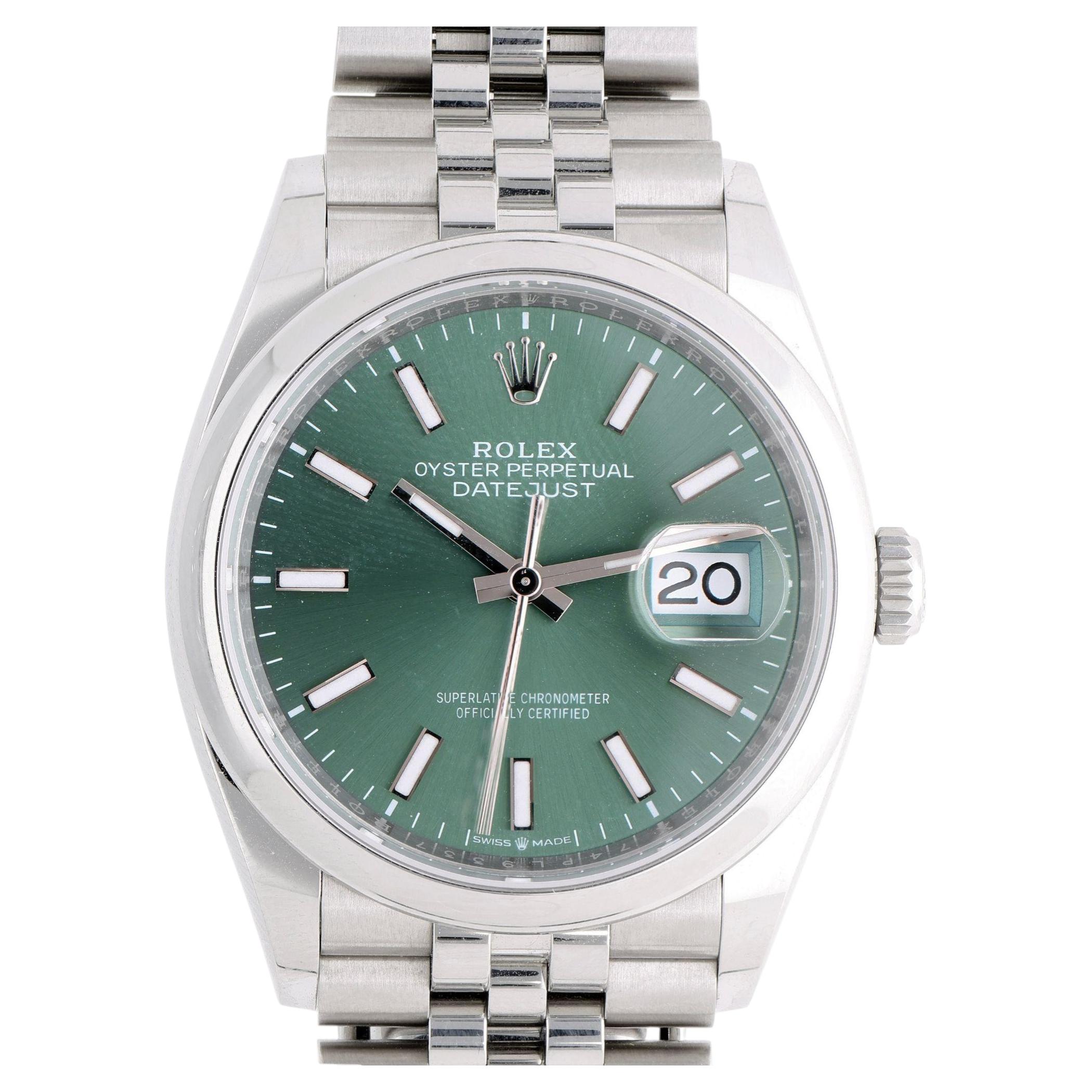 Reloj Rolex Datejust de 36 mm, modelo 126200, con esfera verde menta y caja de acero, colección Jubilee 2023