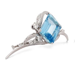 39.20 Carat Emerald Cut Aquamarine & Diamond Retro Era 14K White Gold Wing Pin