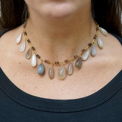 Multi Colored Moonstone Cabochon Drop 22K Gold 17" Fringe Necklace