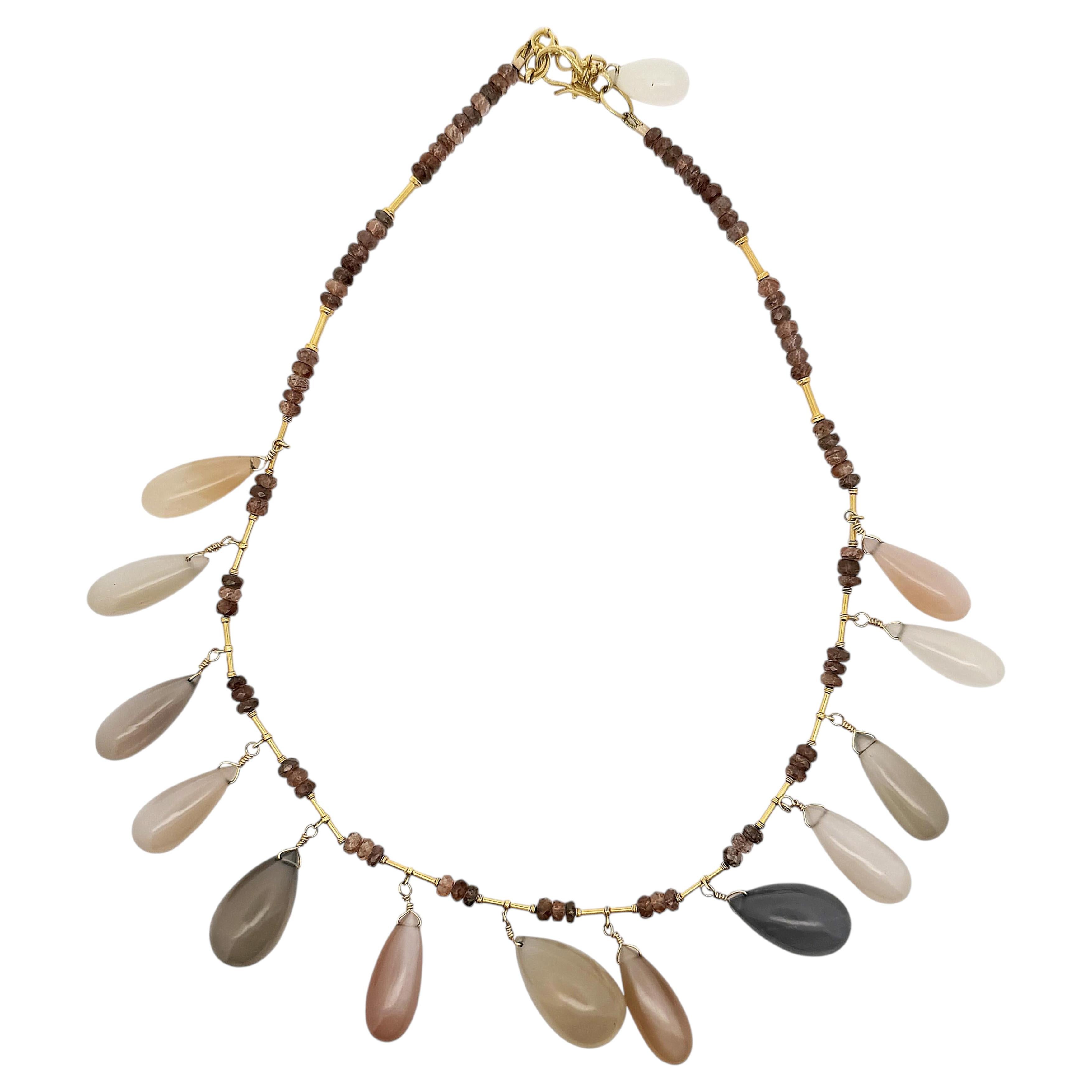 Multi Colored Moonstone Cabochon Drop 22K Gold 17" Fringe Necklace For Sale