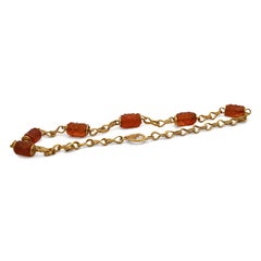 Vintage Carnelian Floral Carved Tube 22K Gold Chain Necklace