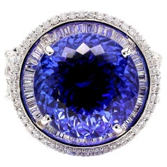 15.50 Carat Round Tanzanite & 1.50 Carat Diamond Double Halo 14K White Gold Ring