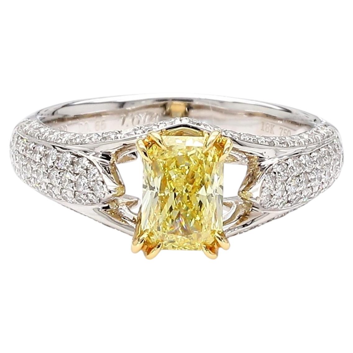 GIA Cert. 1.01 Carat Fancy Intense Yellow Radiant Diamond Pave Set Split Ring For Sale