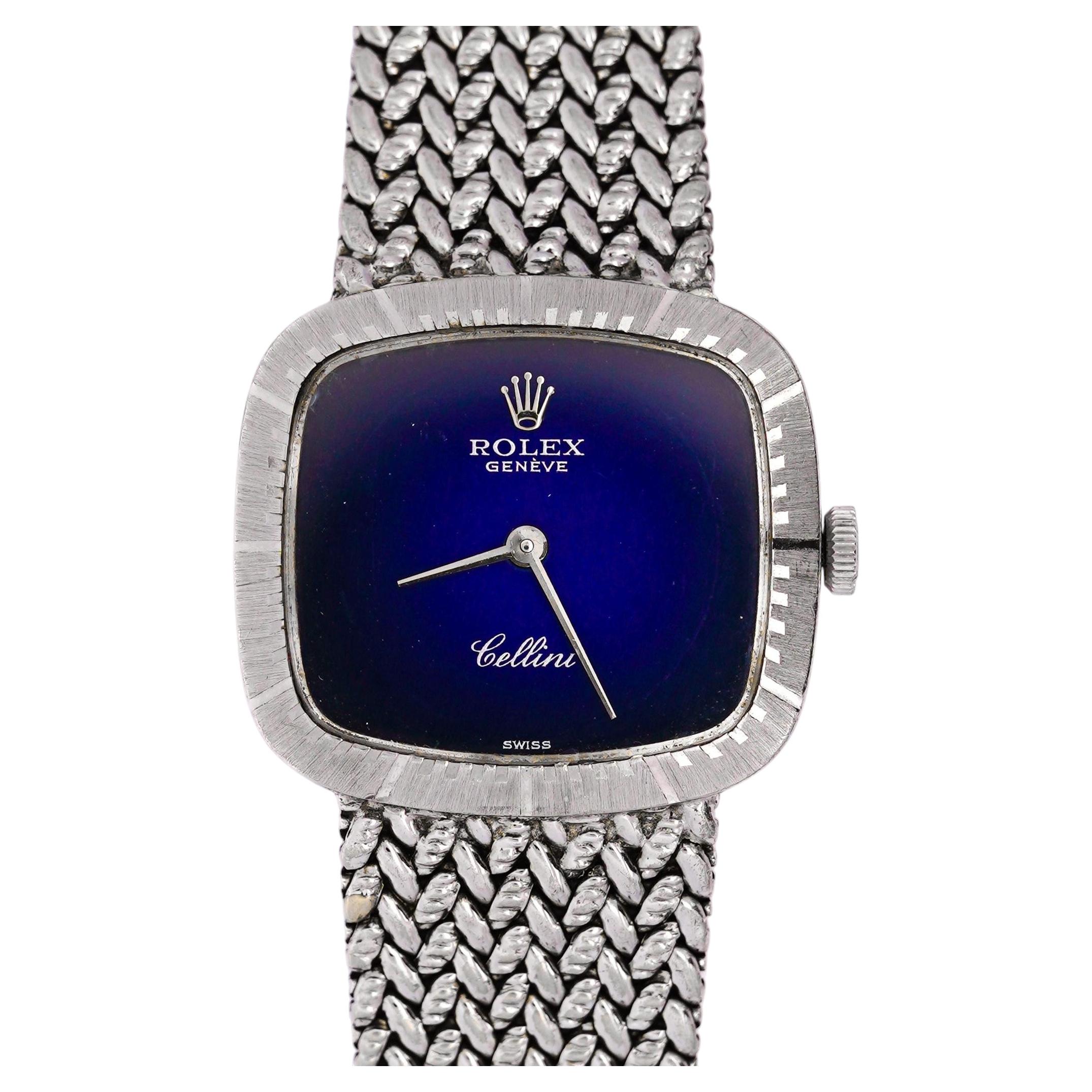 Rolex Cellini 4082 Blue Vignette Dial 24mm Woven 18K White Gold Mesh Watch For Sale
