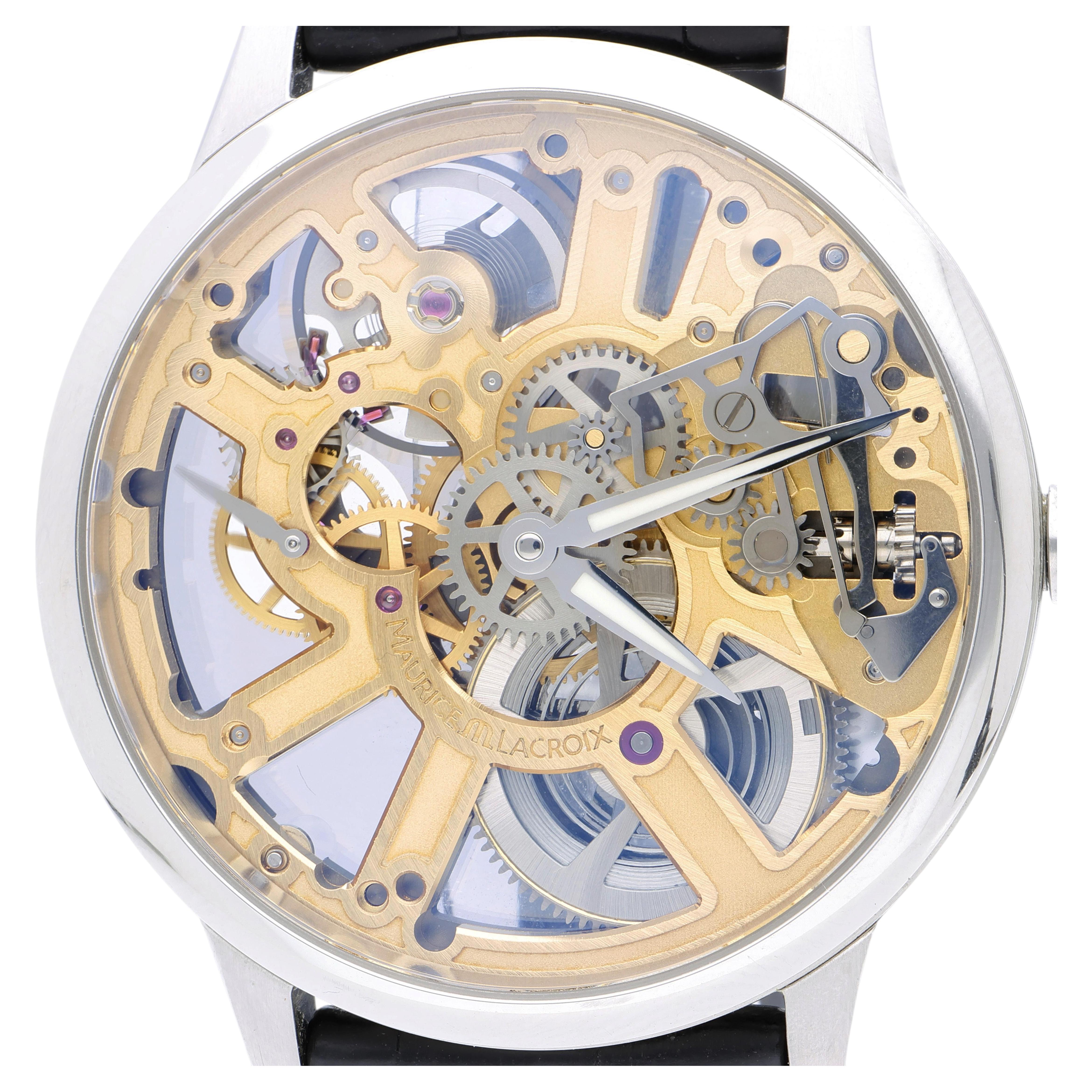 Pre-owned Maurice Lacroix Masterpiece Mp7228 Gold-tone Skeleton Dial Watch In Multiple
