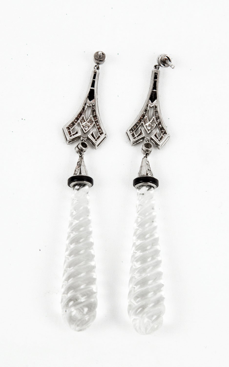 Art Deco Rock Crystal 1 Carat Diamond Onyx Platinum Pendant Earrings Estate Fine Jewelry  For Sale