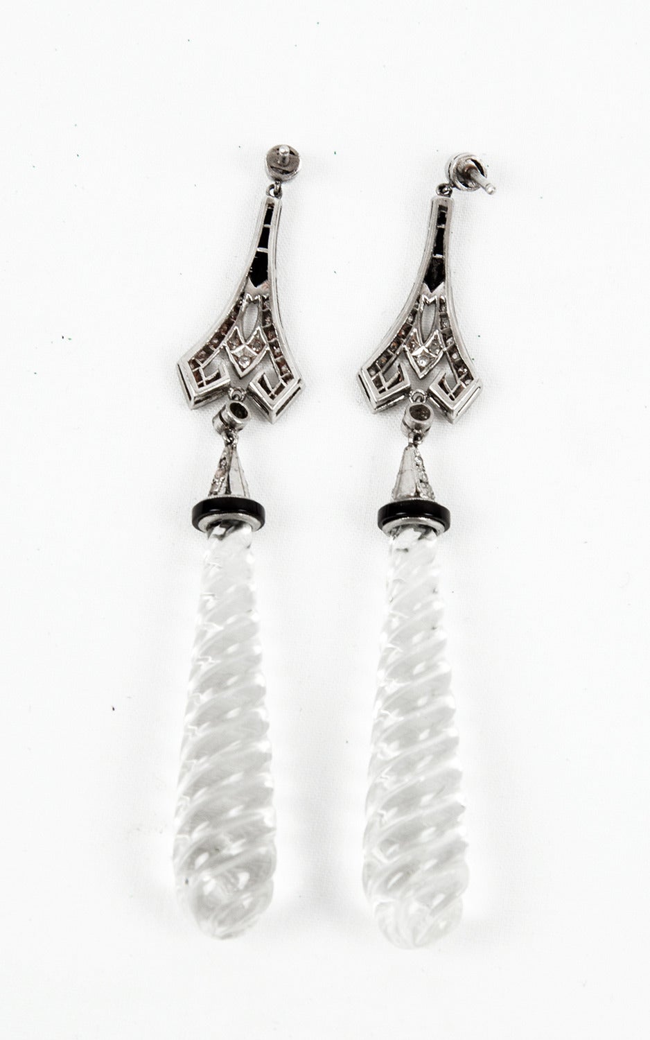 Art Deco Rock Crystal 1 Carat Diamond Onyx Platinum Pendant Earrings Estate Fine Jewelry For Sale