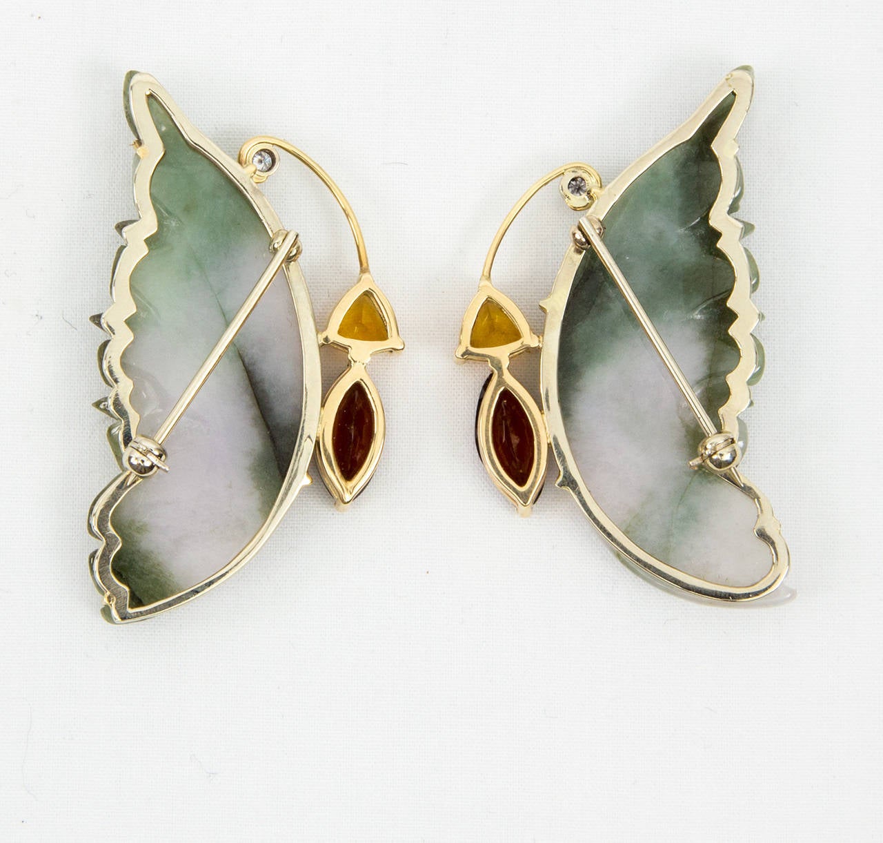 Jade Garnet Citrine Diamond Gold Butterfly Brooches Estate Fine Jewelry In Excellent Condition For Sale In Montreal, QC