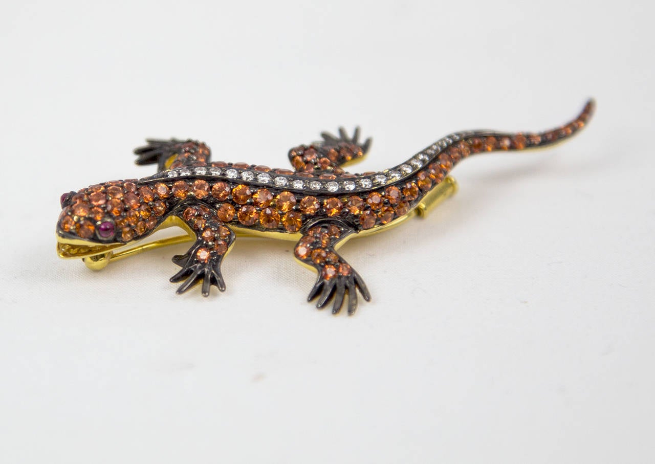 Orange Sapphire Diamond Gold Lizard Brooch Pin For Sale at 1stdibs