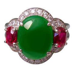 Stunning Jadeite Jade Ruby Diamond Platinum Ring