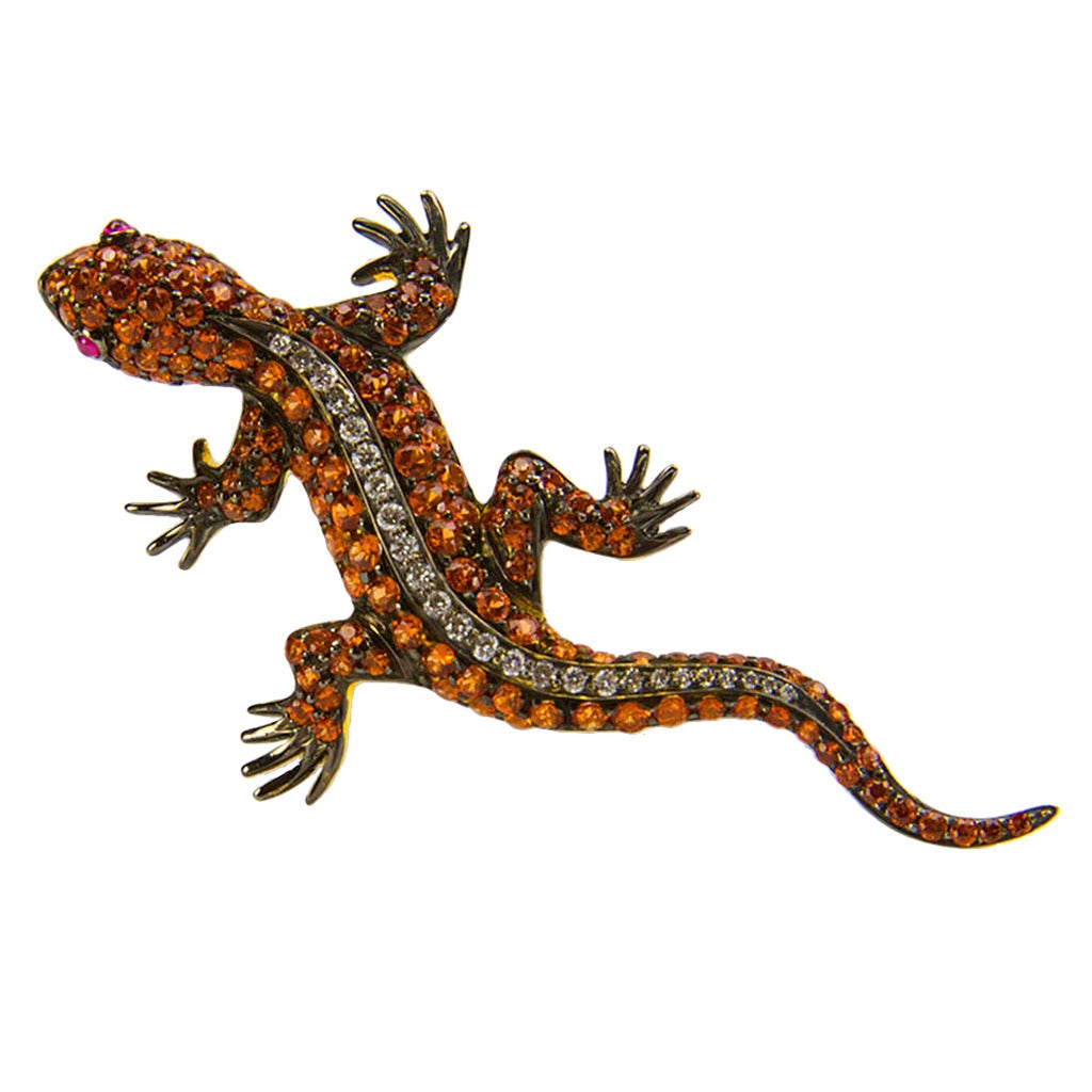Orange Sapphire Diamond Gecko Lizard Gold Brooch Pin