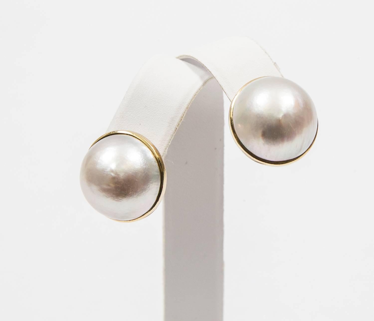 Modernist Mabe Pearl Gold Earrings 