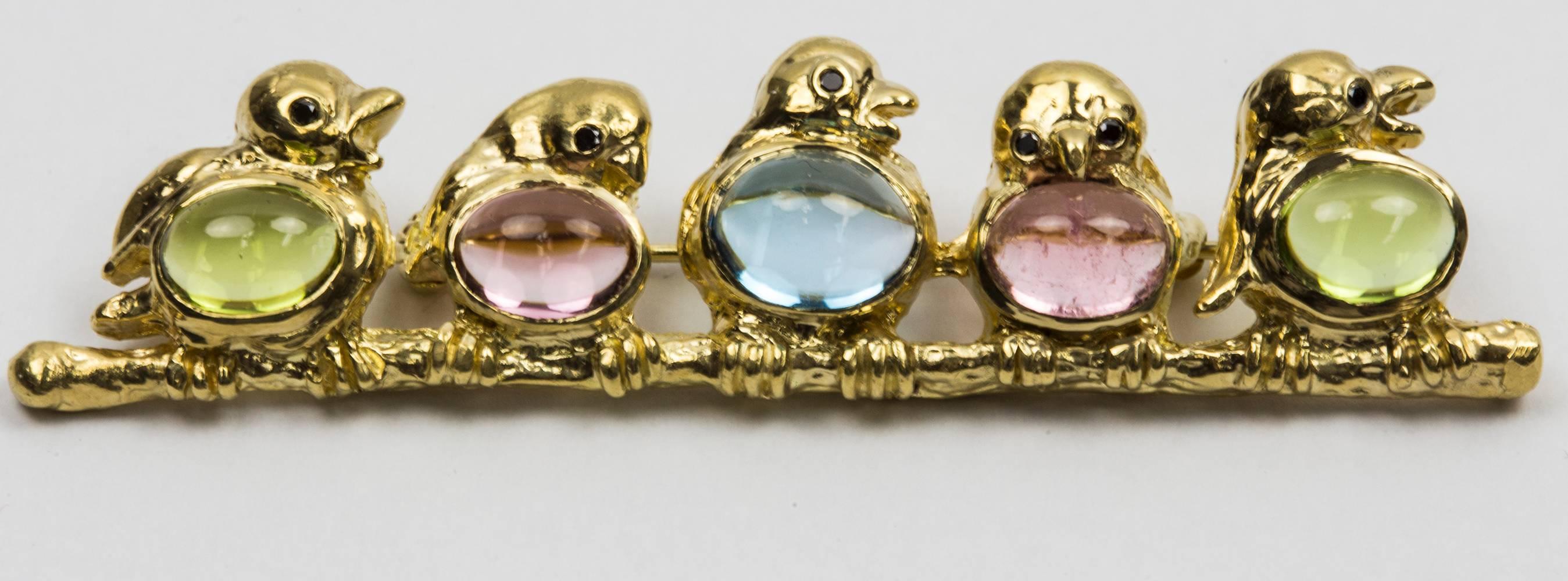 Birds Perched on a Branch Gem Stones Diamond Gold Brooch Pin In New Condition In Montreal, QC