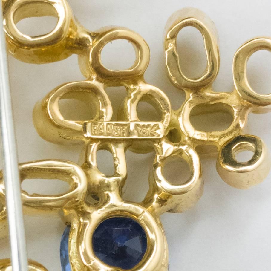 Modernist  Paash Sapphire Diamond Gold Abstract Mid Century Modern Brooch Pin 