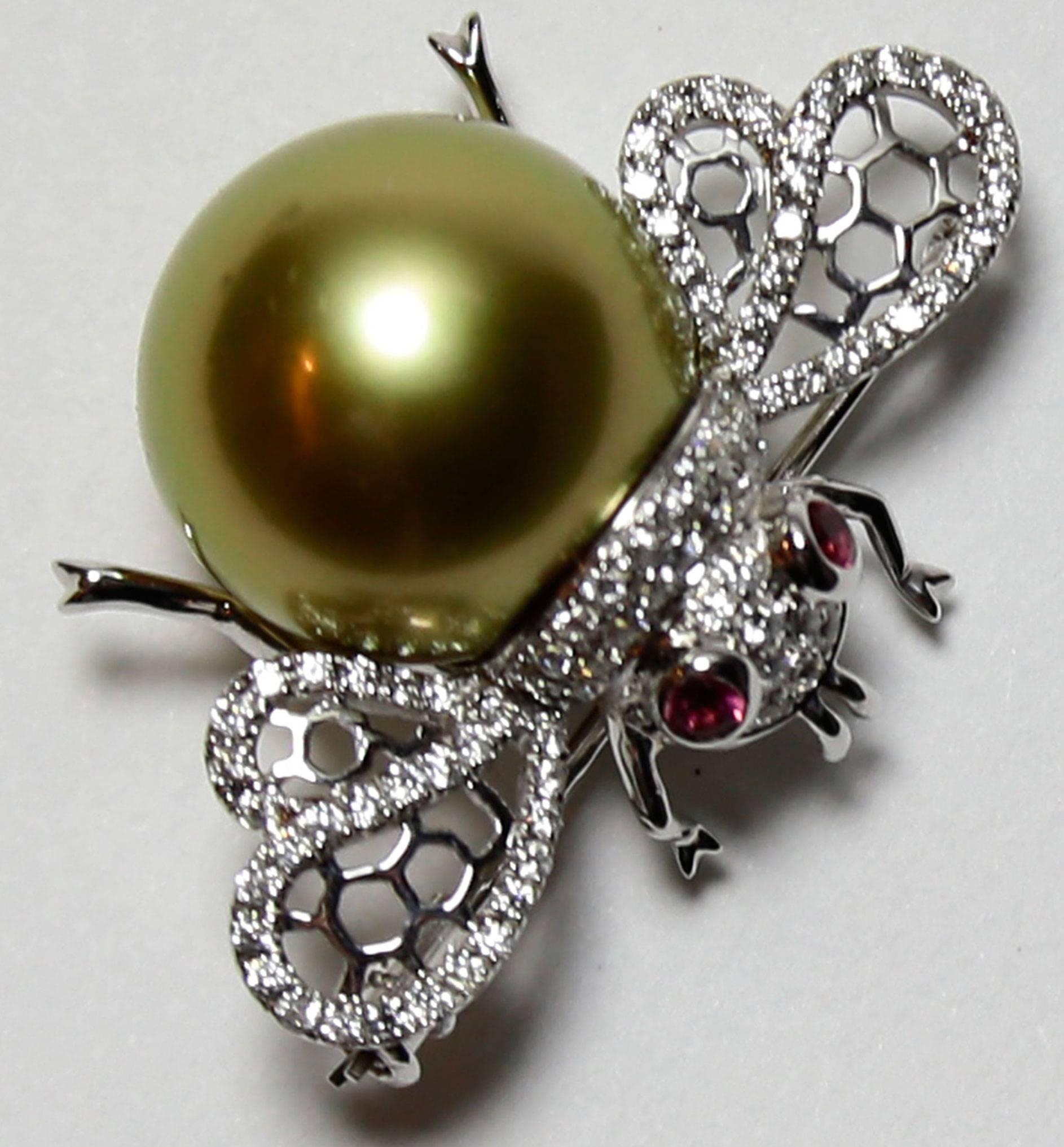 Paar Südseeperlen Diamant 18K Gold Hummel-Brosche Pins Fine Estate Jewelry (Modernistisch) im Angebot
