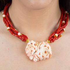Multi Strand Coral and Carved Coral Flower Necklace Estate Fine Jewelry