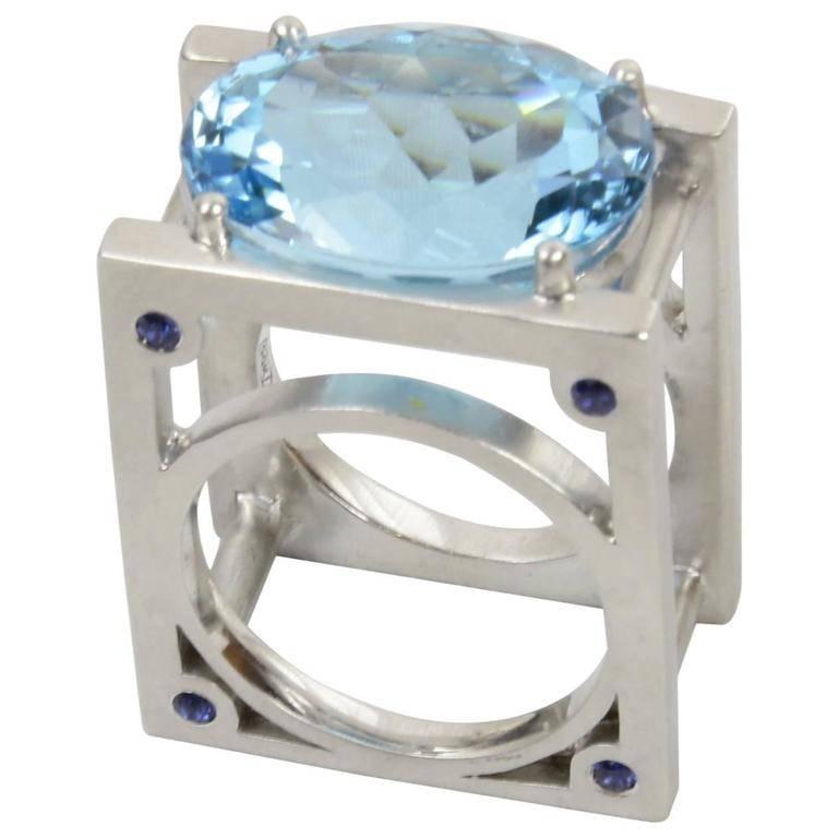 23.62 Carat Sky Blue Topaz and Sapphire Statement Ring For Sale at 1stdibs