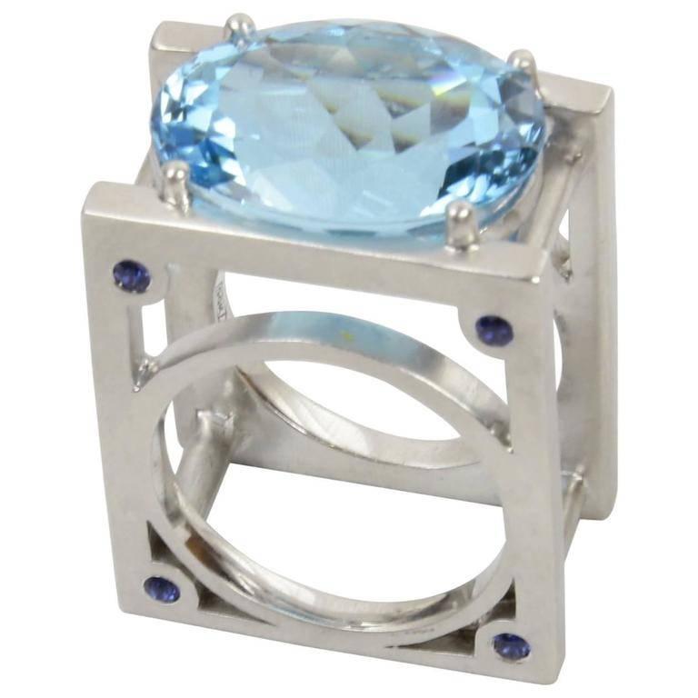 23.62 Carat Sky Blue Topaz and Sapphire Statement Ring Estate Fine Jewelry